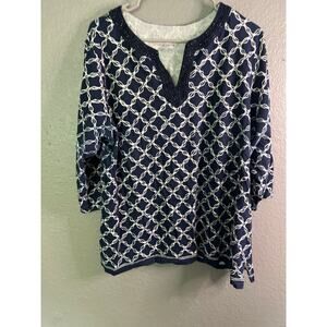 Charter Club Popover Blouse Plus 2X Blue Printed Cotton Split V-Neck Top‎ Casual